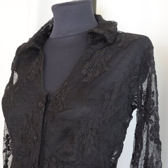 Vintage Y2K Sirens Sheer Black Lace Button Up Shirt Sz S - Picture 5 of 5
